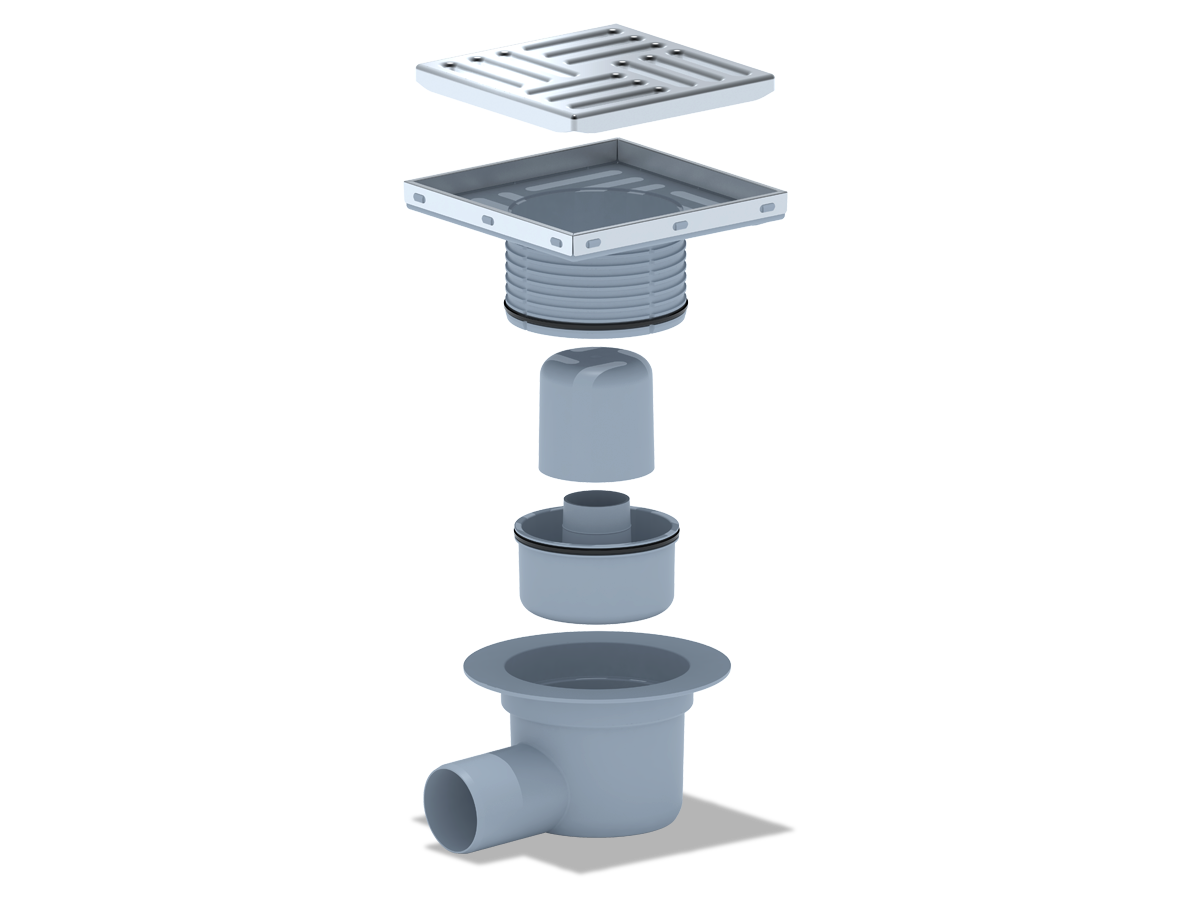 Трап TA 5612 15*15 Ф50 нержавеющая решетка горизонтальный разьёмный серый