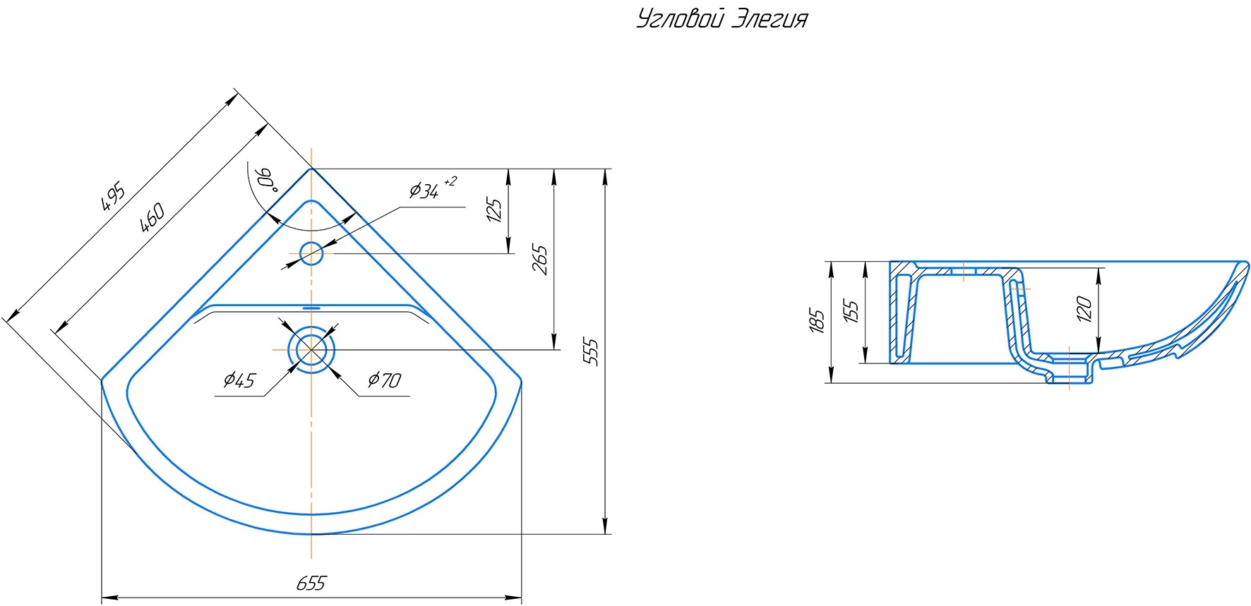 Умывальник угловой ROSA ЭЛЕГИЯ 645*460*135