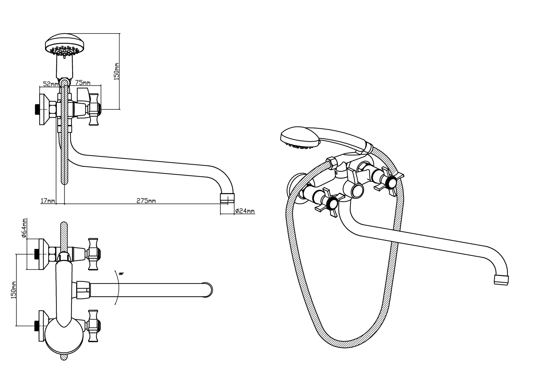 Смеситель для ванны BOOU ВА5333-3-В723-С018 латунь