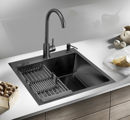 Мойка врезная РМС 60*50*20 MR-6050 BL графит (мойка+корзина раздвижная+дозатор врезной)